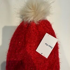Old Navy Red Knit Hat with Faux Fur Pom